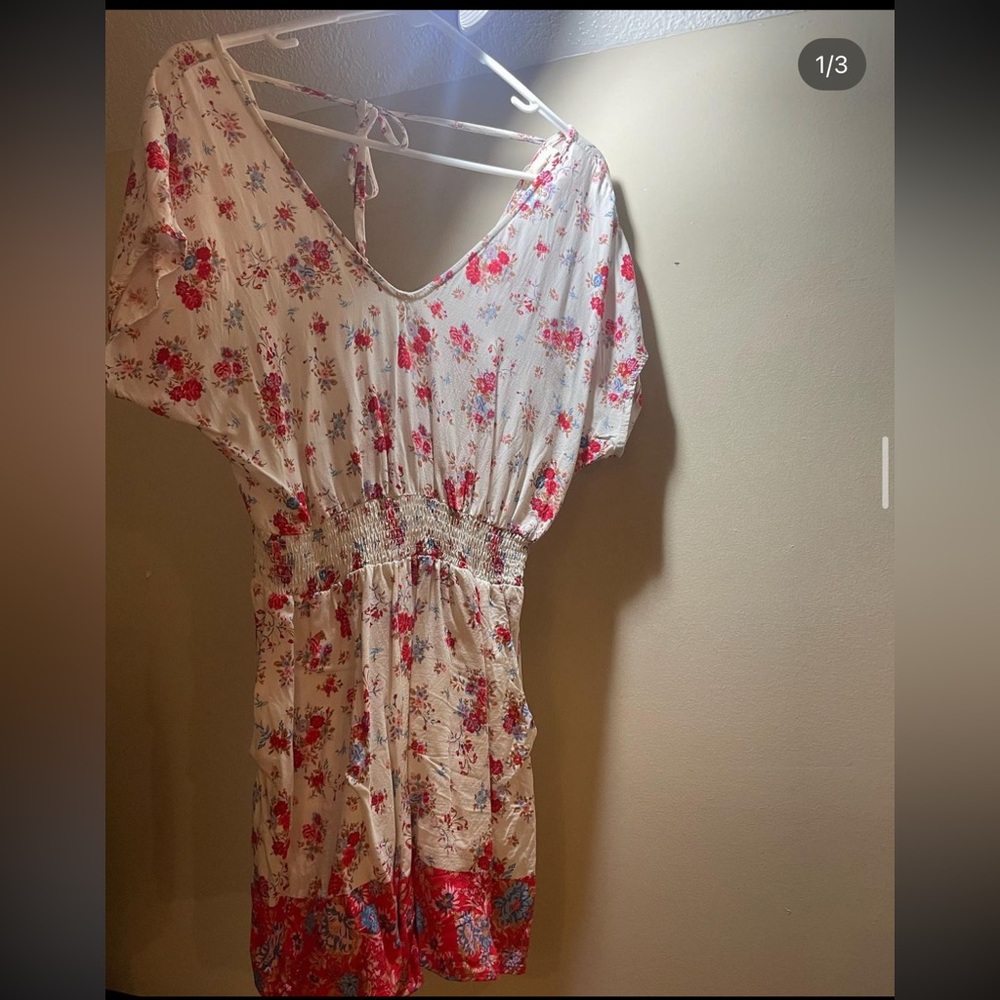 White/red floral romper with open back